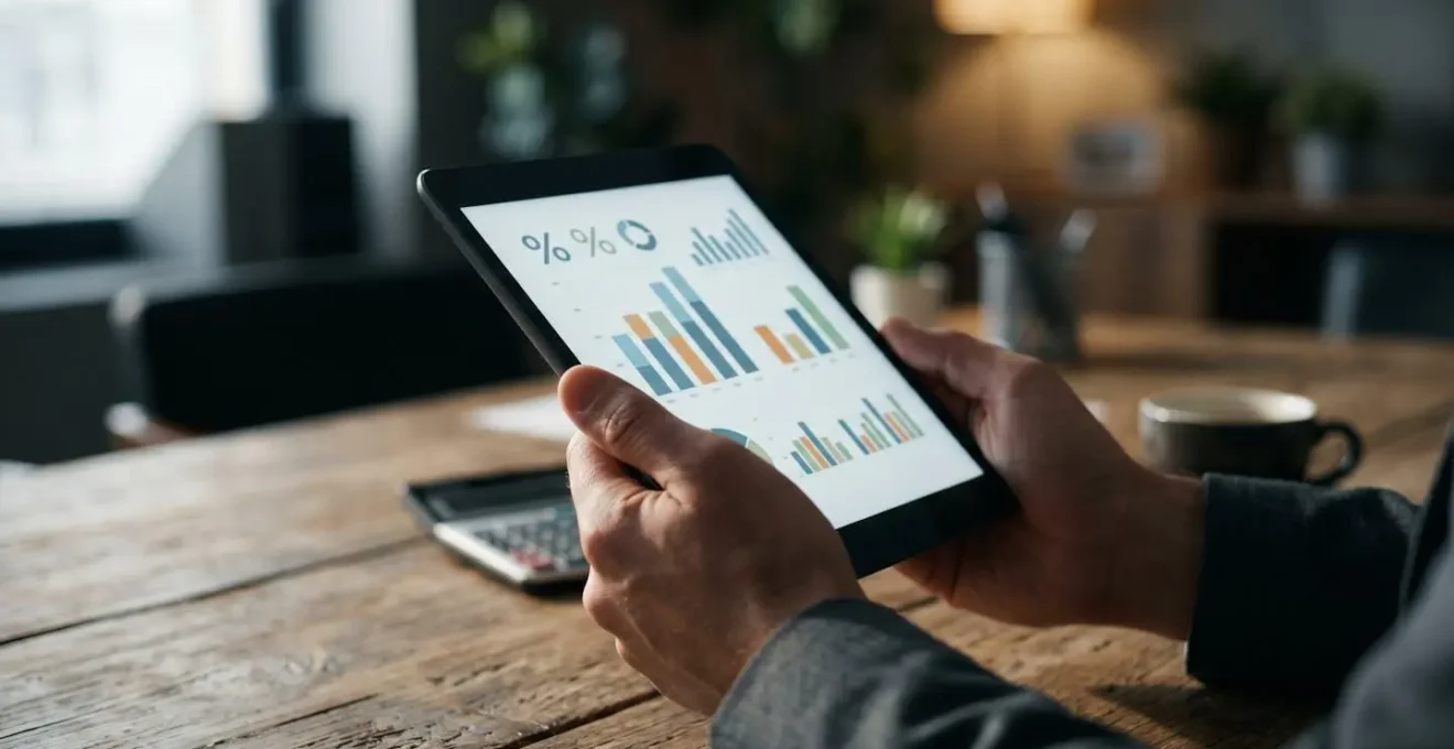 Agent immobilier montrant un barème d'honoraires sur une tablette dans son bureau