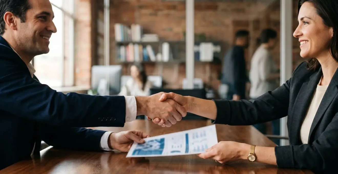 Agent immobilier présentant des documents d'exclusivité à des clients dans un cadre professionnel