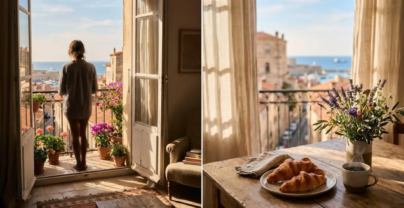 Intérieur marseillais lumineux avec détails sensoriels évoquant l'art de vivre méditerranéen