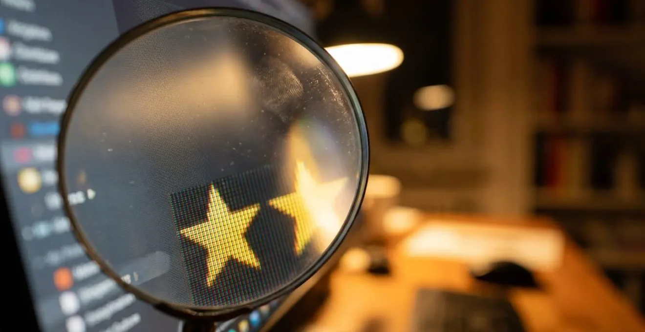 Vue macro d'un écran d'ordinateur montrant des étoiles d'évaluation avec une loupe posée dessus