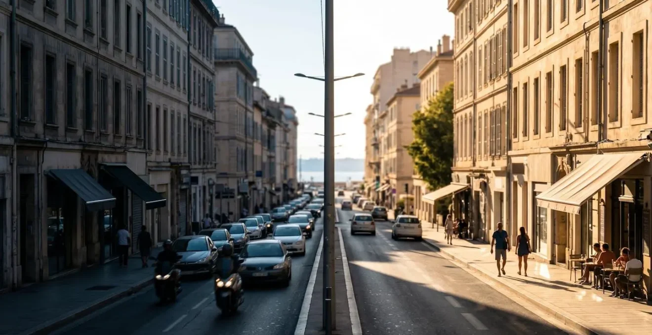 Vue comparative d'un boulevard marseillais montrant les différences d'ensoleillement et de circulation entre les deux côtés