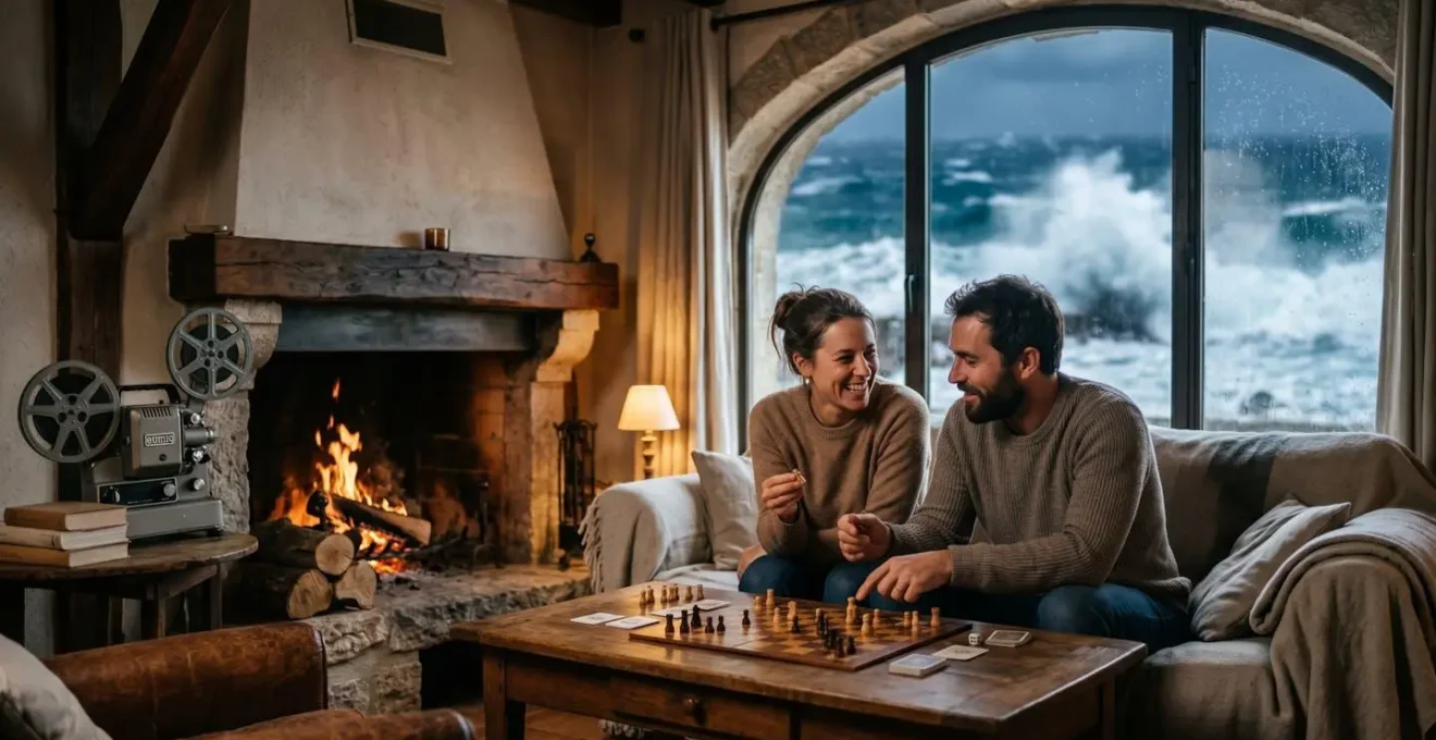 Intérieur chaleureux d'un appartement marseillais avec vue sur la mer agitée