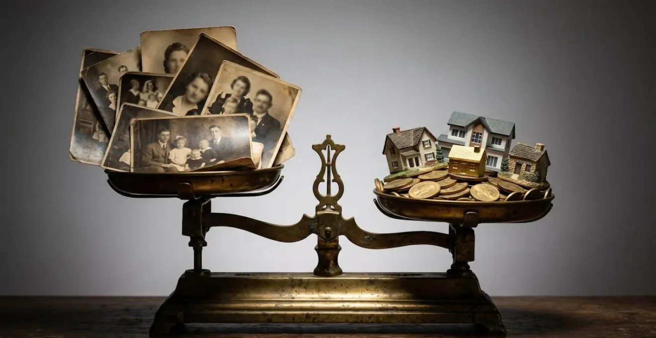 Balance ancienne en laiton avec d'un côté des photos de famille floues et de l'autre des pièces dorées symbolisant l'équilibre émotionnel et financier