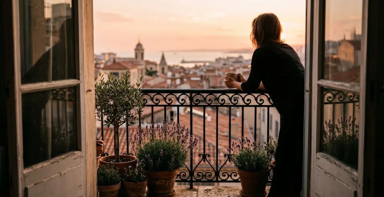 Balcon marseillais typique avec vue sur la Méditerranée et plantes méditerranéennes