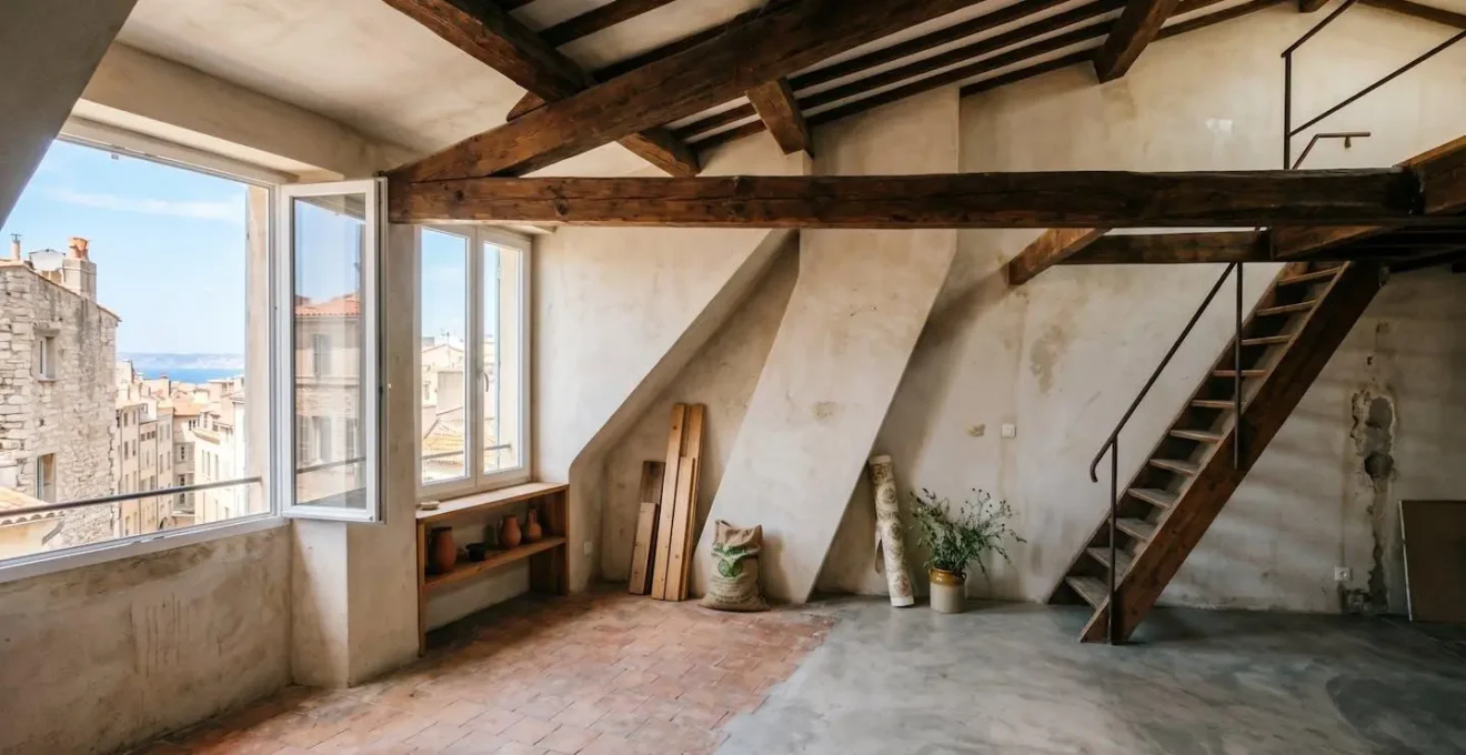 Intérieur d'un appartement marseillais atypique avec poutres apparentes et configuration inhabituelle