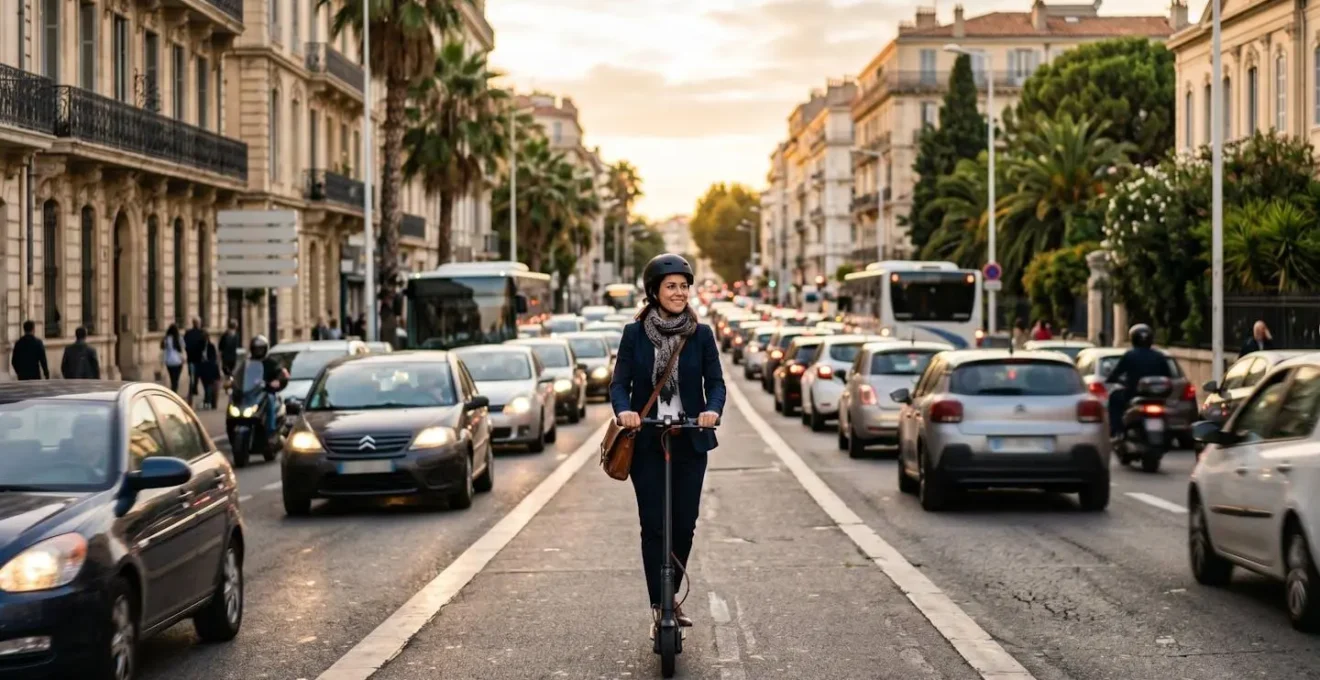 Boulevard marseillais aux heures de pointe avec circulation dense et alternatives de transport