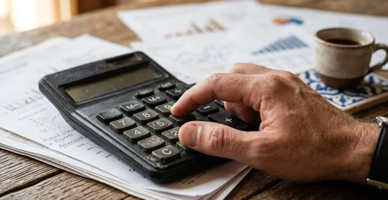 Gros plan sur des mains calculant un budget avec calculatrice et documents financiers