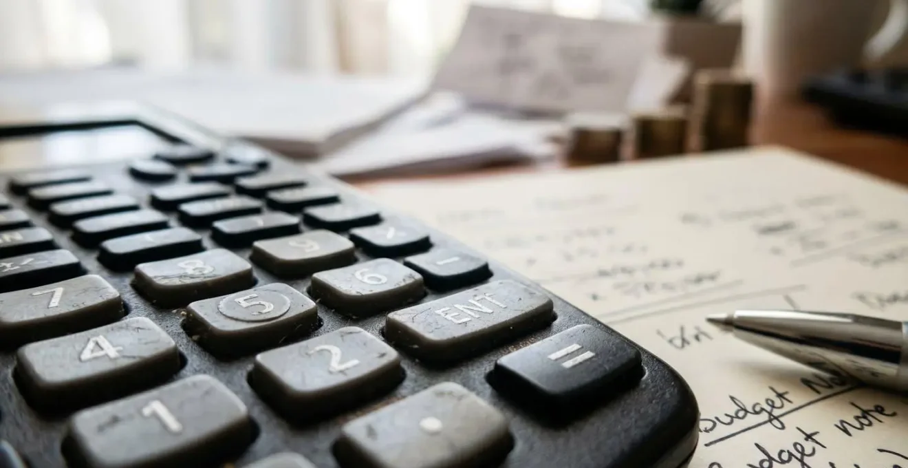 Vue rapprochée d'un bureau avec calculatrice, relevés bancaires et graphiques de budget immobilier