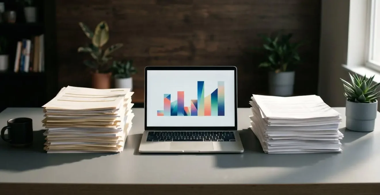 Bureau avec documents fiscaux et ordinateur portable montrant des graphiques
