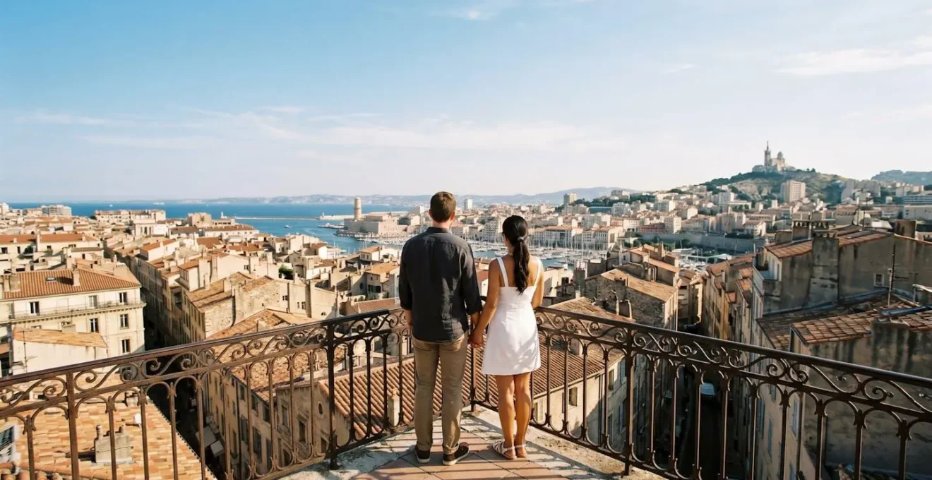 Couple visitant un appartement marseillais avec vue panoramique depuis le balcon
