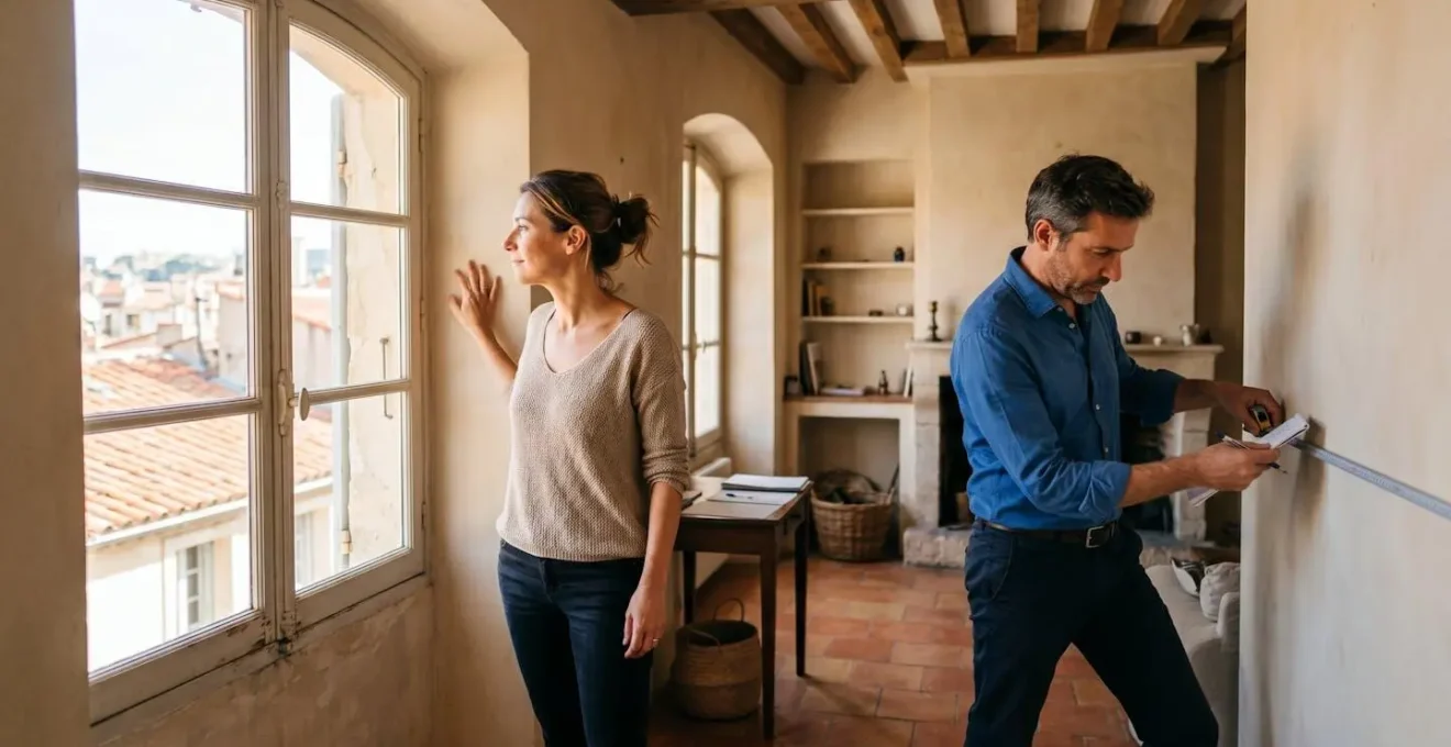 Couple visitant un appartement marseillais, l'un examinant les détails pratiques et l'autre l'ambiance.