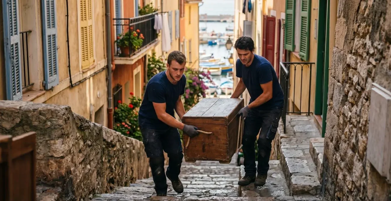 Camion de déménagement stationné sur une ruelle étroite du Vieux-Port de Marseille