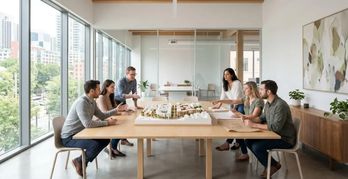 Deux équipes d'agents immobiliers travaillant ensemble autour d'une maquette, illustrant une collaboration stratégique pour une vente immobilière.