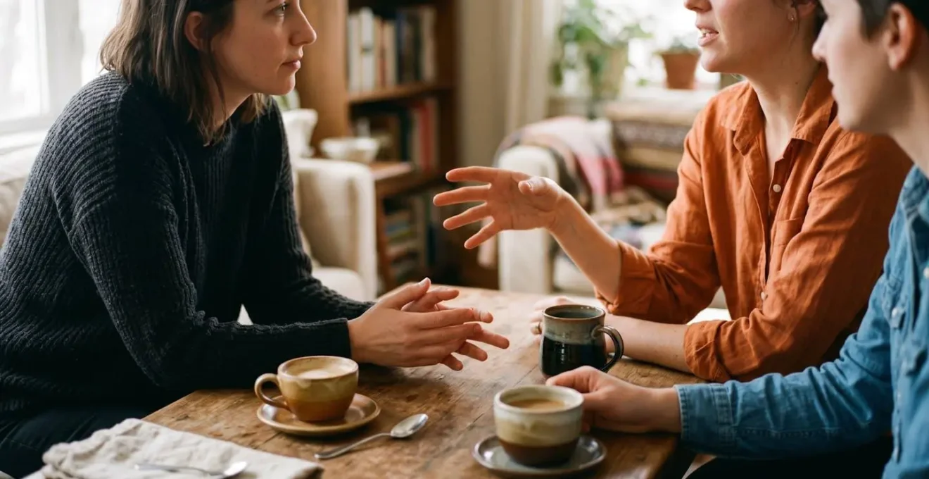 Agent immobilier pratiquant l'écoute active avec un couple de clients dans un salon chaleureux
