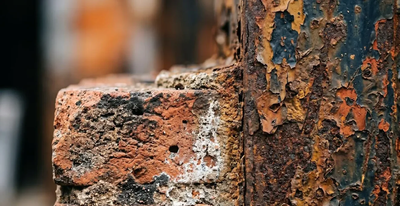 Vue macro détaillée de textures industrielles réhabilitées avec jeu de lumière et d'ombres