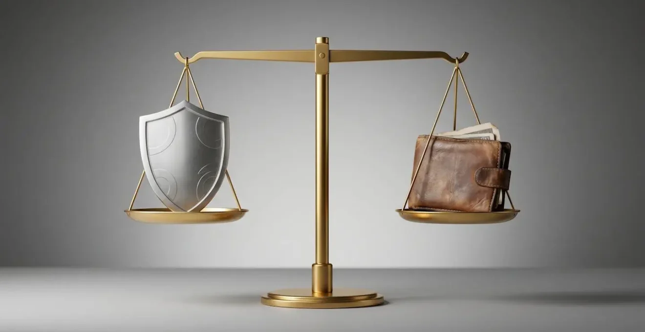 Comparaison symbolique entre la garantie Visale représentée par un bouclier métallique et un garant traditionnel représenté par un portefeuille, sur une balance en équilibre parfait.