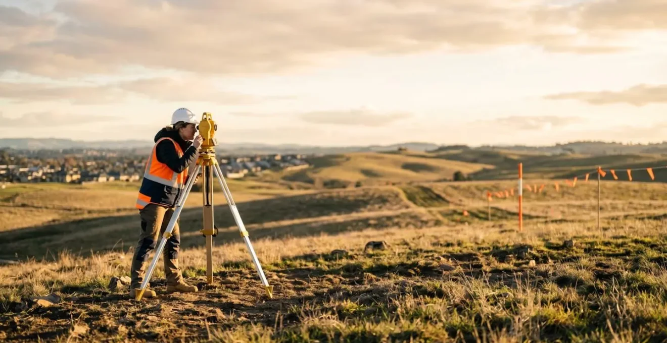 Géomètre expert en action sur un terrain avec équipement de mesure professionnel et bornes orange