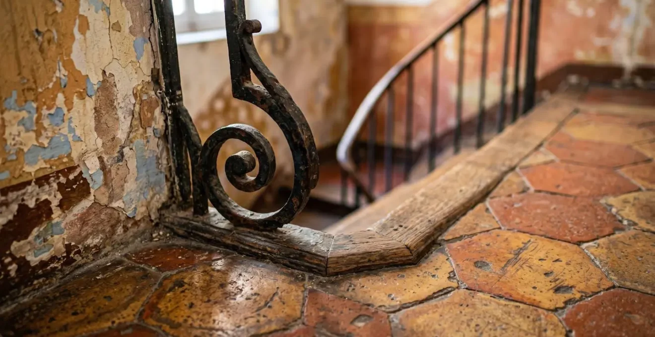 Cage d'escalier d'un immeuble marseillais ancien avec tomettes et ferronnerie