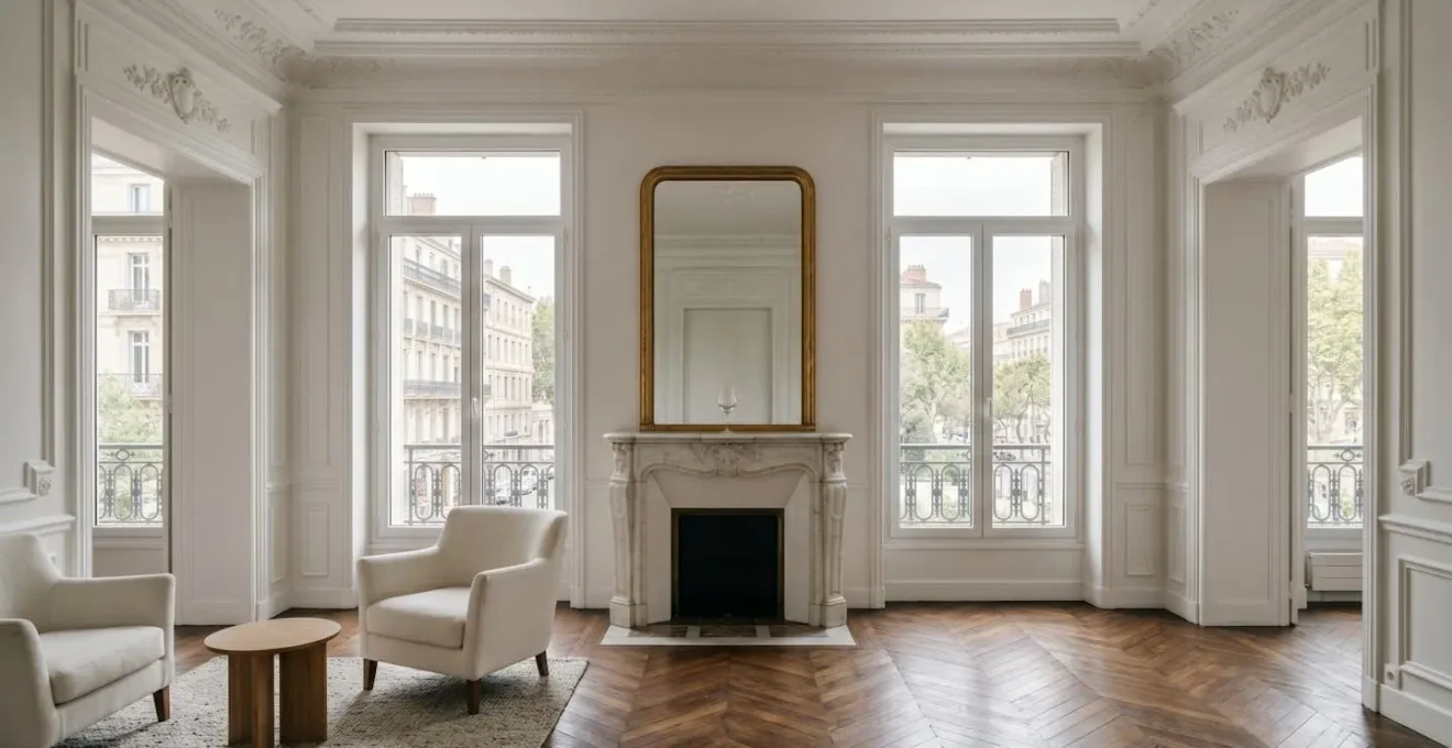Salon lumineux d'un appartement haussmannien avec double vitrage, vue sur rue calme du quartier Longchamp