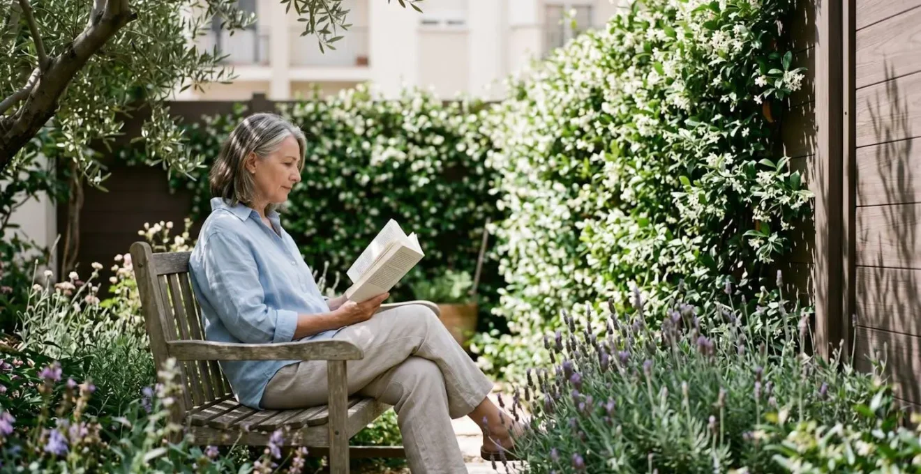 Jardin privé sécurisé en rez-de-chaussée avec végétation méditerranéenne et palissade en bois