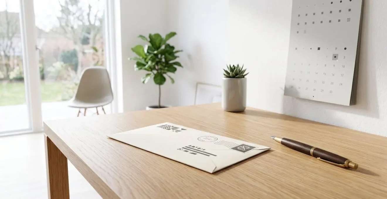 Préparation d'une lettre recommandée de résiliation sur un bureau avec enveloppe et timbre