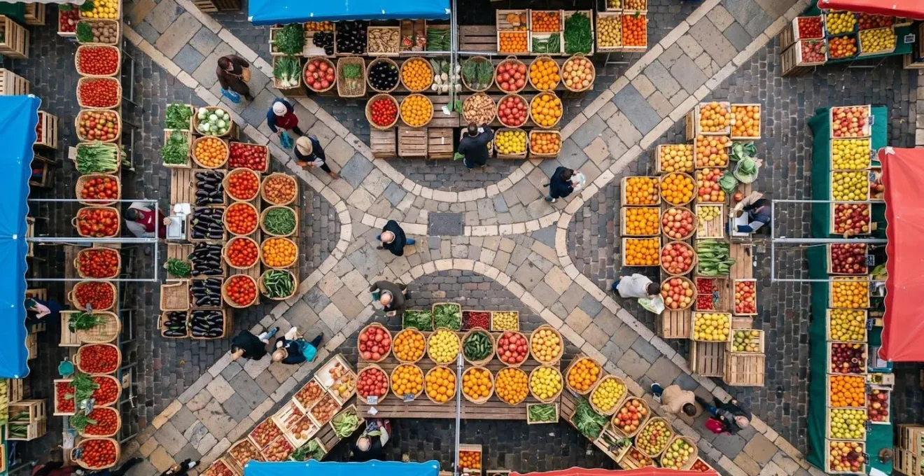 Vue plongeante sur les étals colorés du marché de Noailles avec fruits et légumes méditerranéens