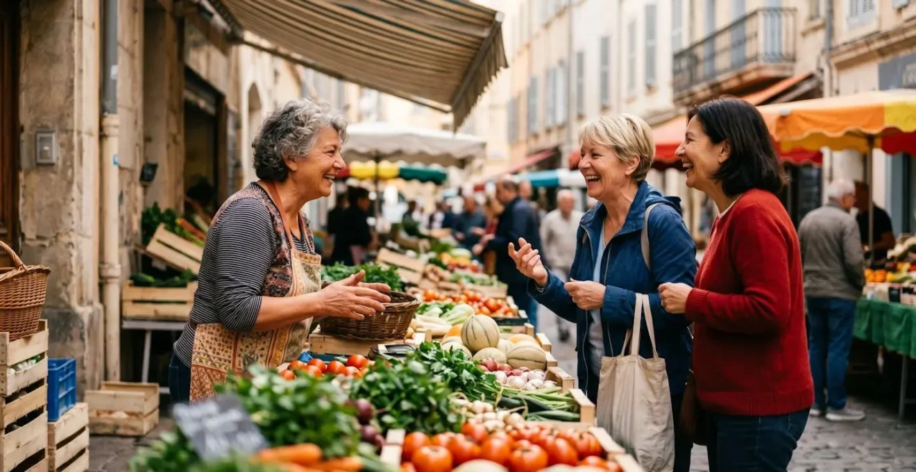 Scène de marché de quartier animé à Marseille avec interactions sociales authentiques