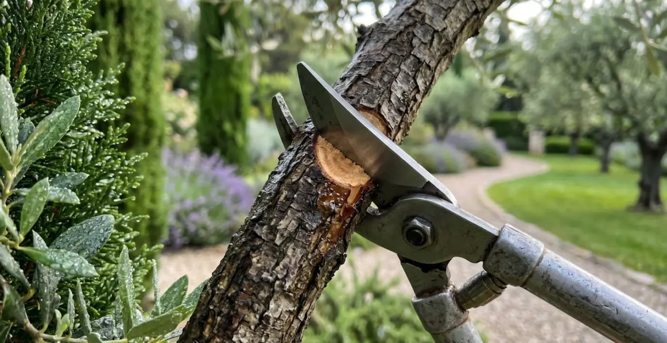Grand parc arboré d'une résidence avec jardiniers en plein travail d'entretien