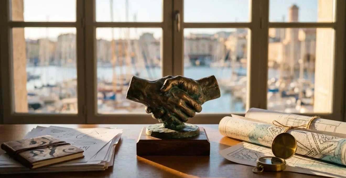 Bureau de conciergerie avec documents de partenariat et vue sur le port de Marseille