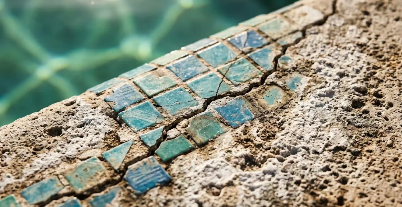 Gros plan sur une piscine vieillissante montrant des fissures et de l'usure