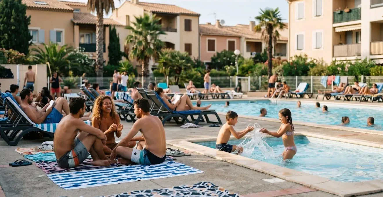 Piscine de résidence bondée en été avec nombreux résidents et transats occupés