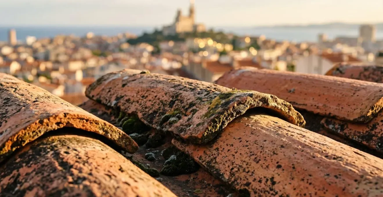 Vue aérienne des quartiers résidentiels de Marseille avec la mer en arrière-plan