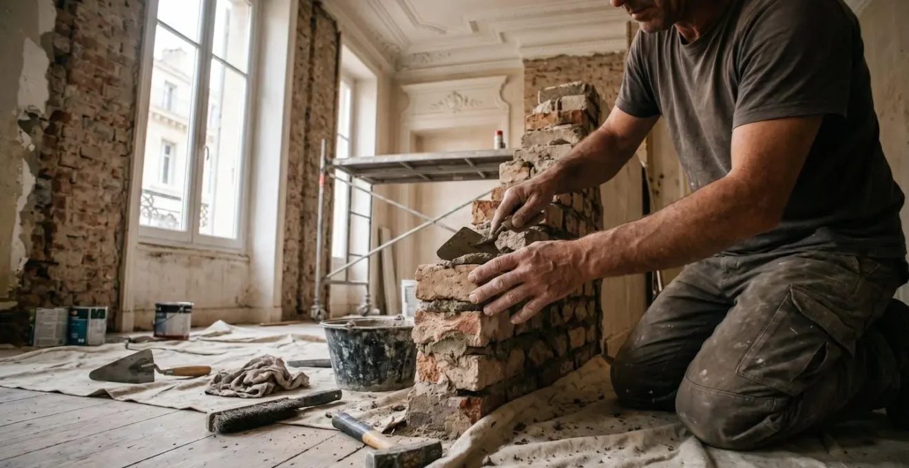 Intérieur d'appartement marseillais en pleine rénovation avec ouvriers et matériaux de construction