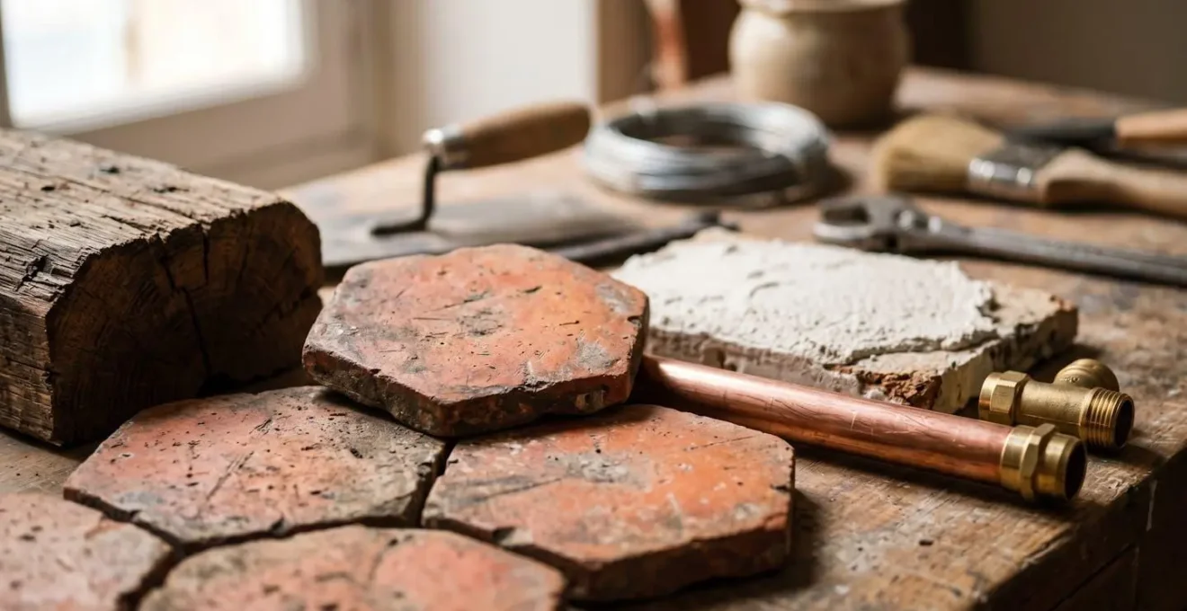 Gros plan sur des matériaux de rénovation typiques marseillais avec tomettes anciennes et outils d'artisan