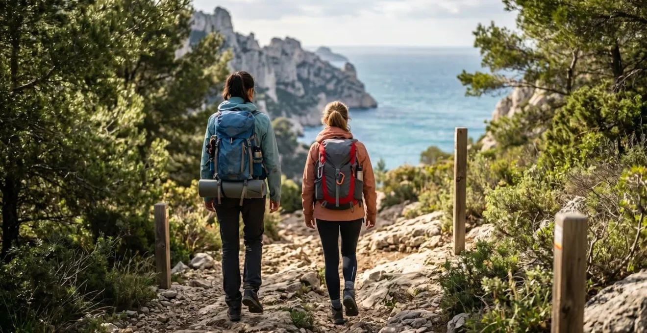 Randonneurs sur un sentier escarpé avec vue sur les Calanques depuis le quartier des Baumettes
