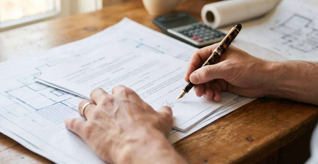 Mains signant un contrat immobilier avec des plans d'architecte floutés en arrière-plan