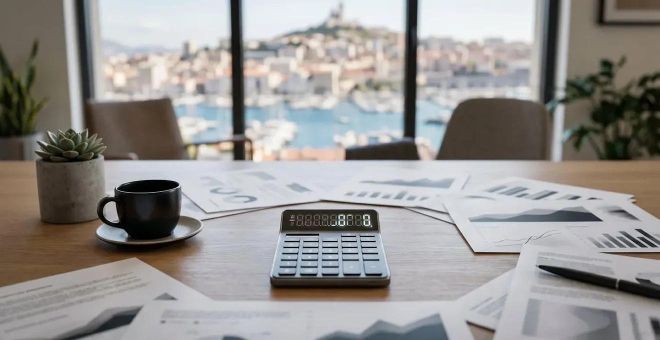 Bureau moderne avec calculatrice et documents financiers flous montrant des calculs d'investissement