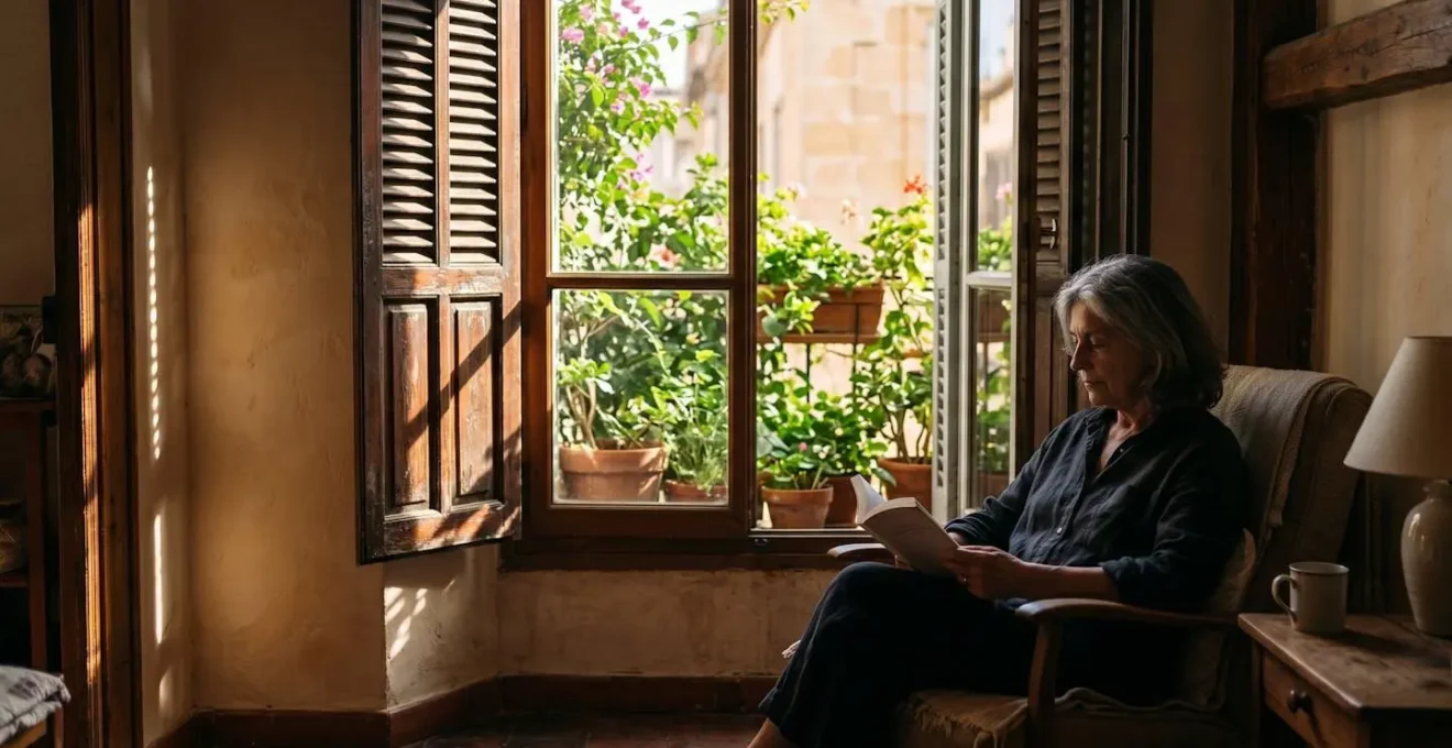 Intérieur d'appartement marseillais avec volets provençaux fermés filtrant la lumière, plantes sur balcon créant un écran naturel