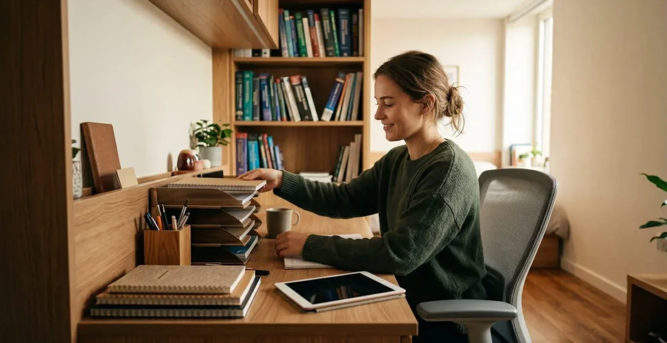Intérieur d'un studio meublé optimisé avec bureau et rangements adaptés aux étudiants