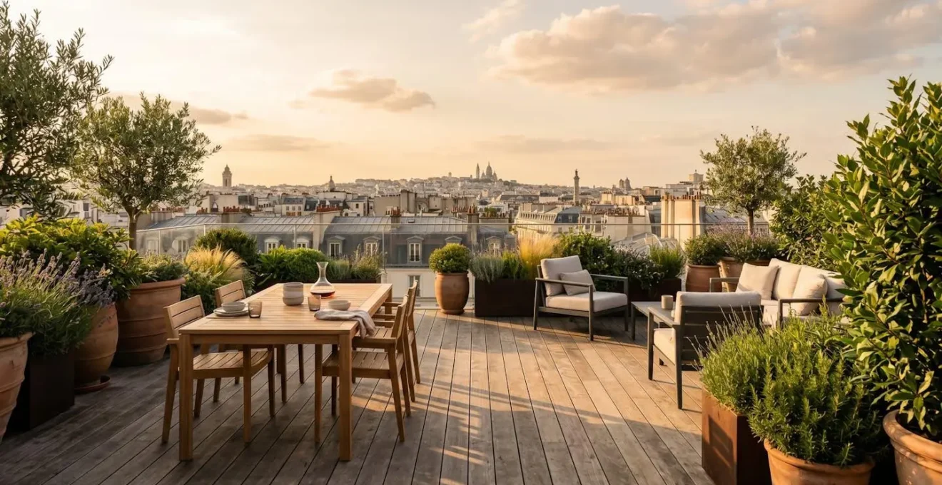 Terrasse aménagée sur les toits d'un immeuble en centre-ville avec vue panoramique