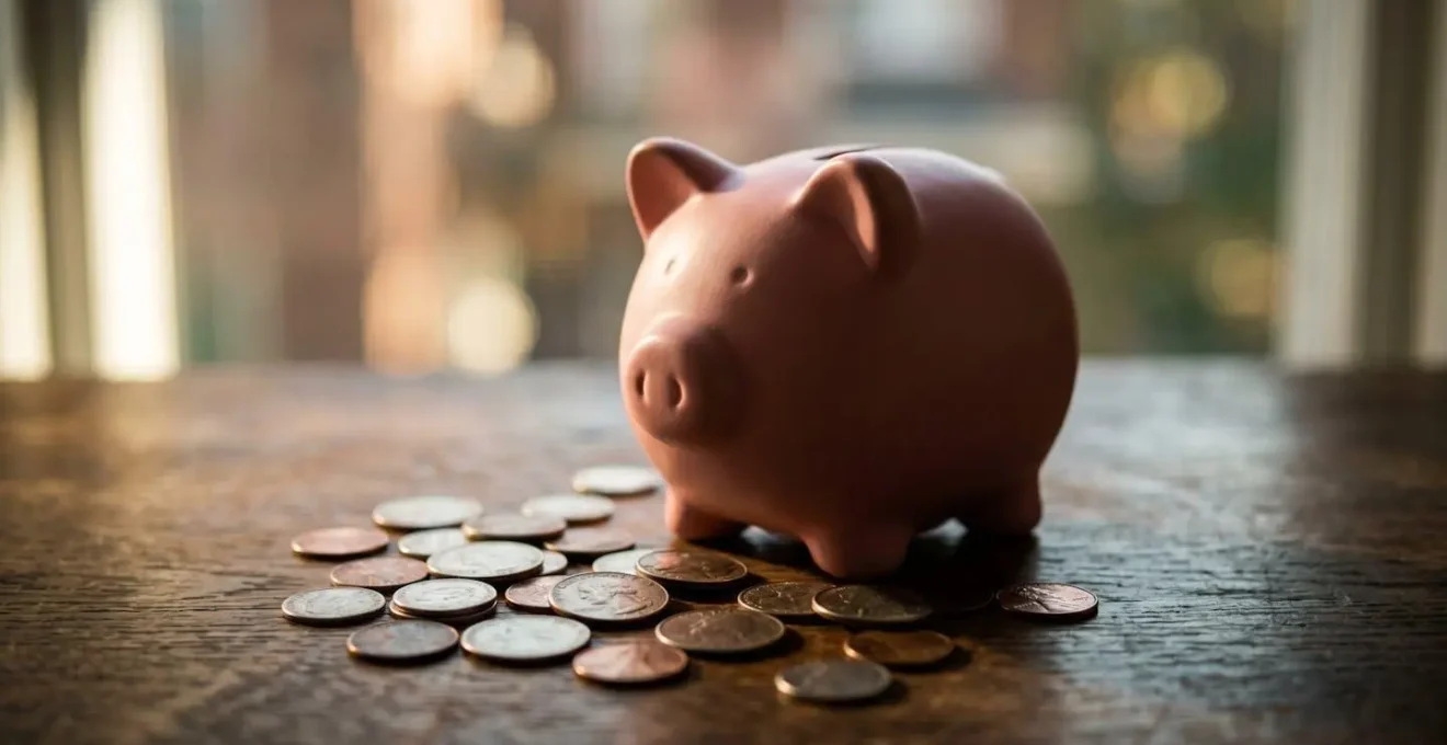 Tirelire cochon rose avec pièces d'euros éparpillées, silhouette de maison floue en arrière-plan