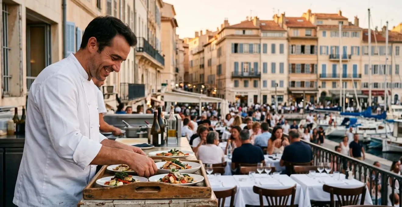 Terrasse de restaurant sur le Vieux-Port de Marseille avec tables et vue panoramique
