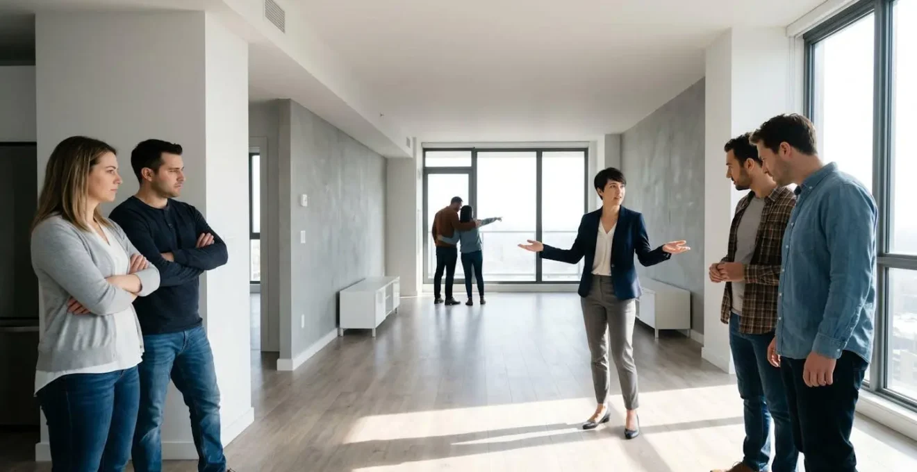 Plusieurs couples visitant simultanément un appartement lumineux avec agent immobilier