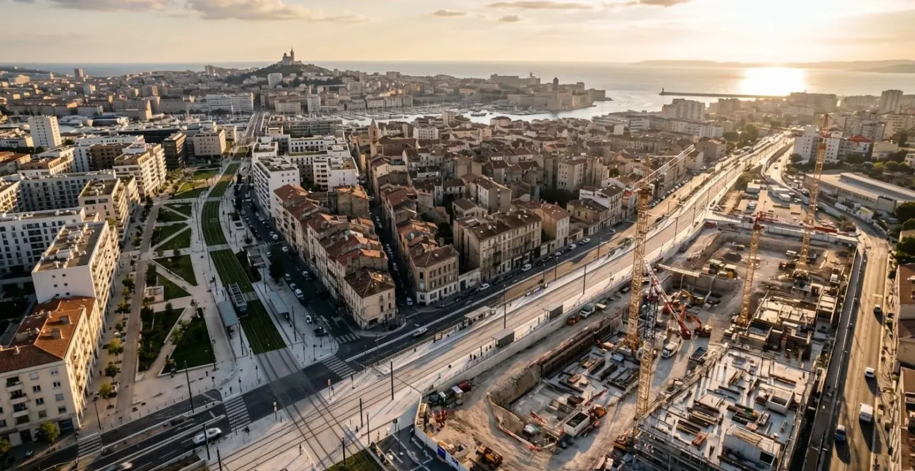 Vue aérienne de Marseille montrant les zones en développement avec tramway et espaces verts