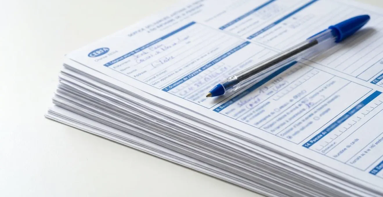 Gros plan sur une pile de formulaires administratifs français vierges avec un stylo bleu, posés sur un bureau blanc épuré