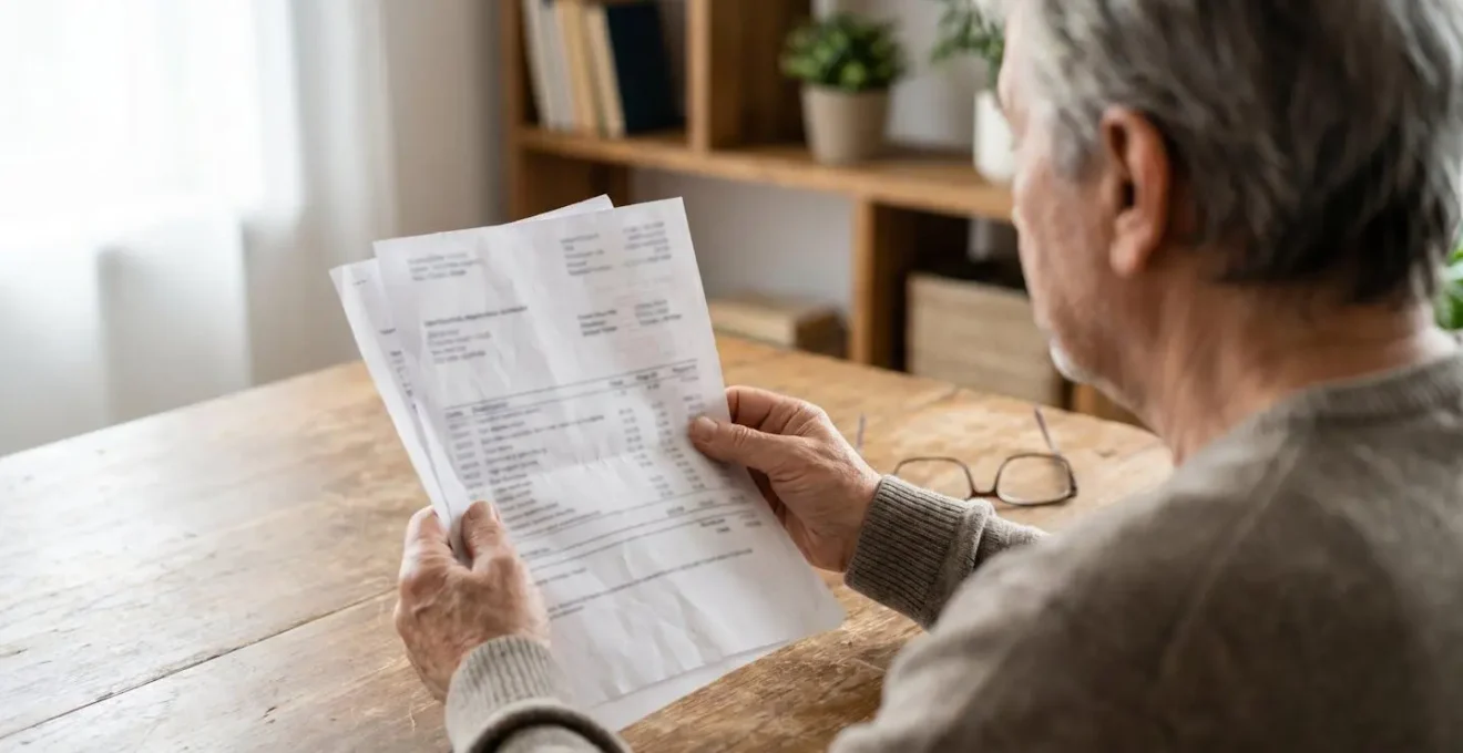 Personne de dos consultant des documents administratifs chiffrés posés sur une table, lunettes de lecture à proximité, lumière naturelle latérale